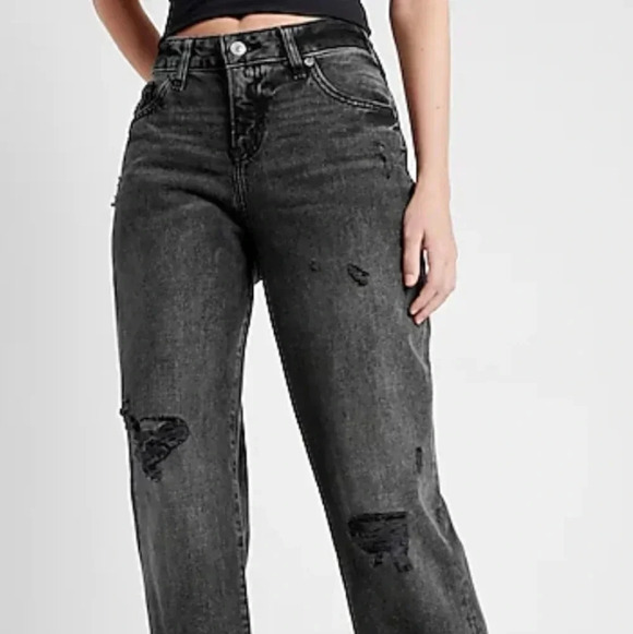 Express Low Rise Black Ripped Boyfriend Jeans - Picture 2 of 12
